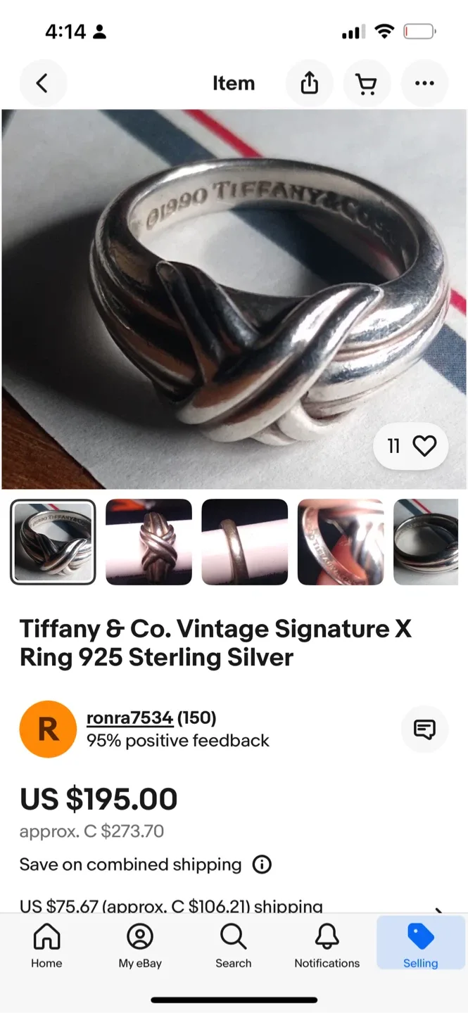 Tiffany & Co. Sterling Silver Crossover Kiss Ring 1990 - Size 5 image indicator(2)