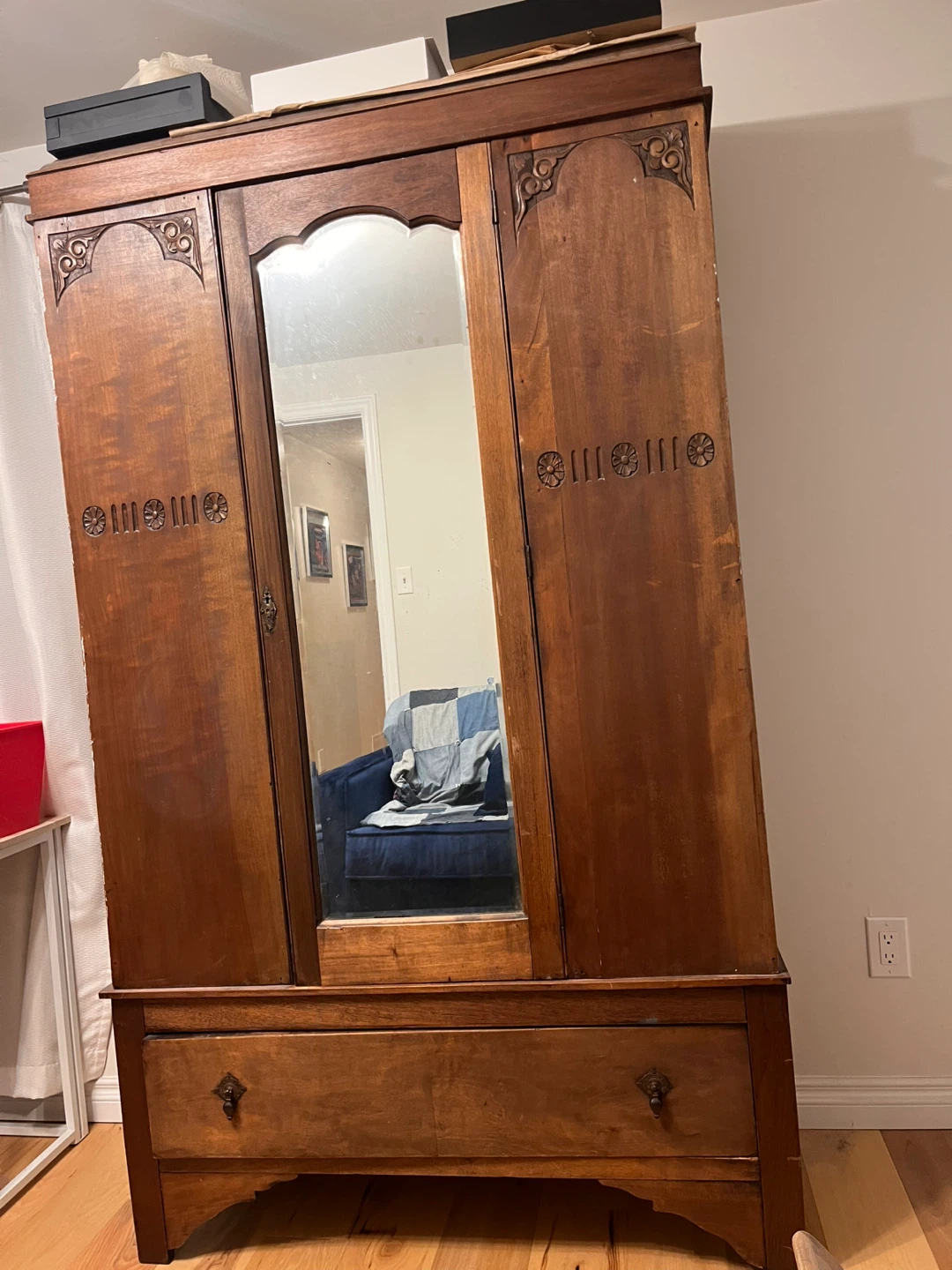 Antique Wooden Armoire with Mirror