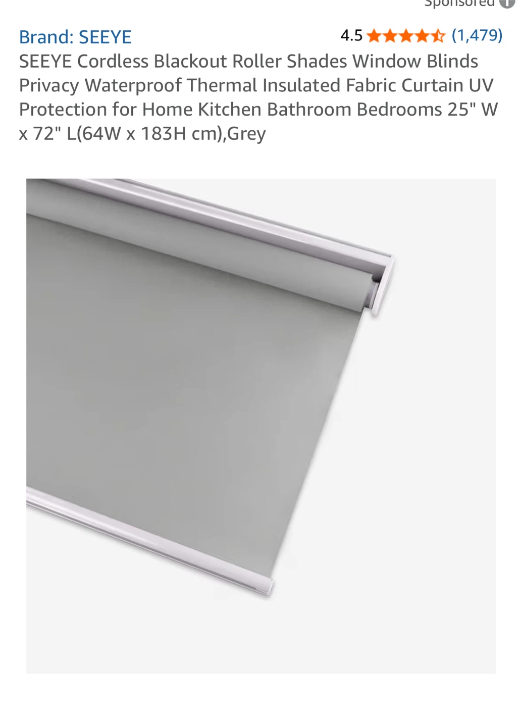 SEEYE Cordless Blackout Roller Shade - 25" x 72", Grey