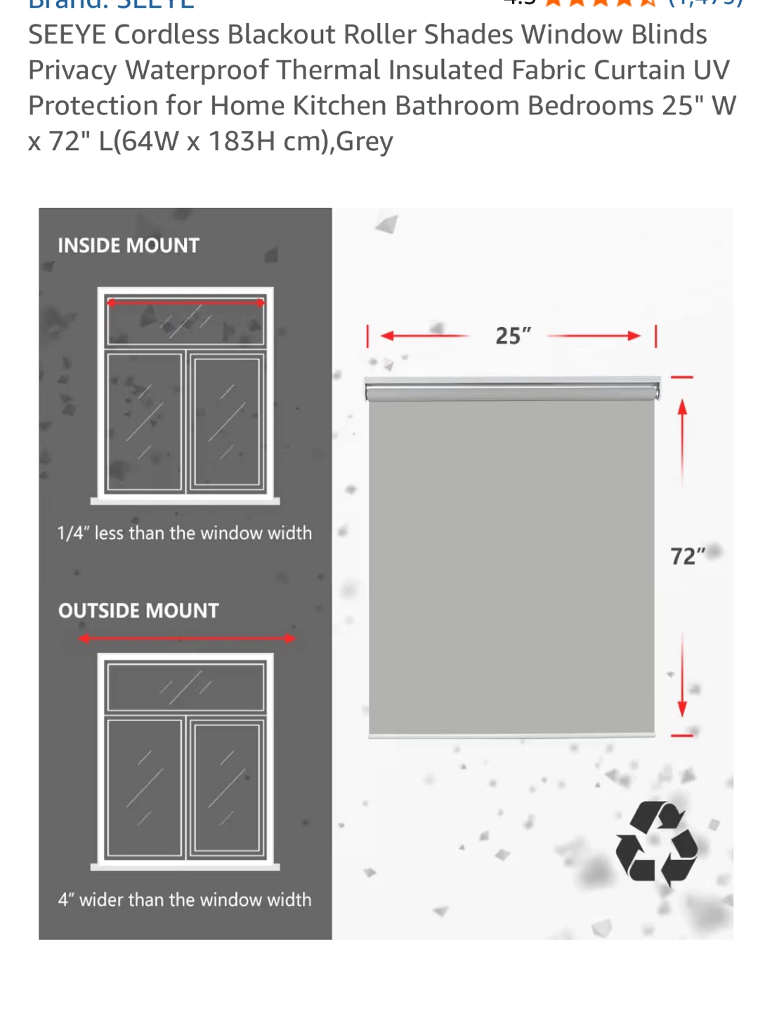SEEYE Cordless Blackout Roller Shade - 25" x 72", Grey - photo 5