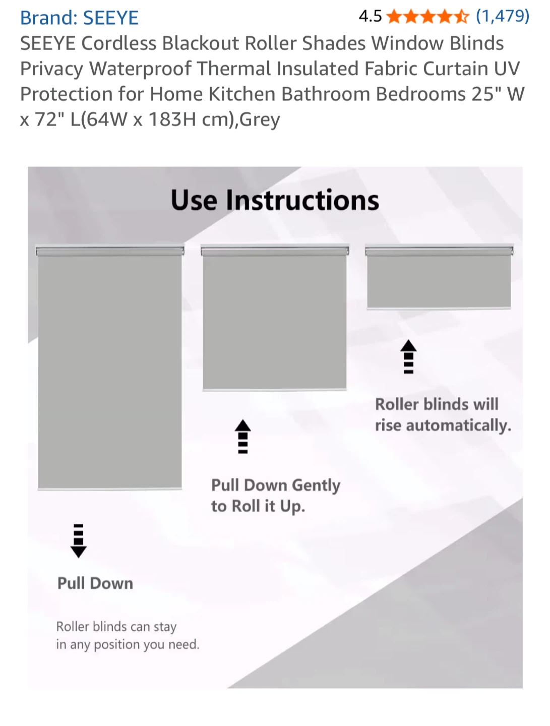 SEEYE Cordless Blackout Roller Shade - 25" x 72", Grey - photo 4
