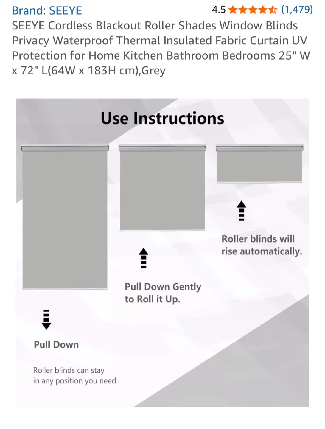 SEEYE Cordless Blackout Roller Shade - 25" x 72", Grey image indicator(4)