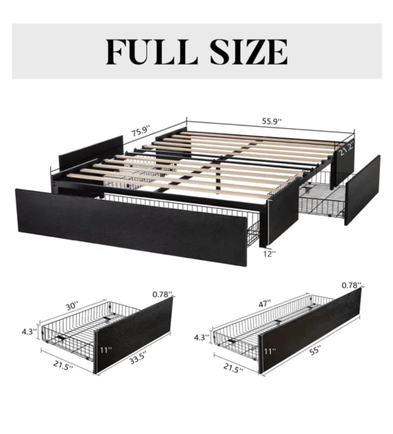 Full Size Bed Frame with Storage Drawers - Black - photo 4