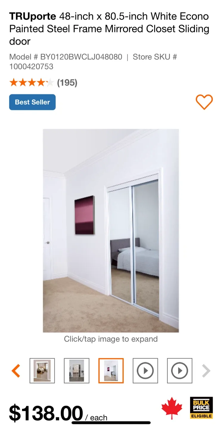 TRUporte 48-inch Mirrored Closet Sliding Door thumbnail