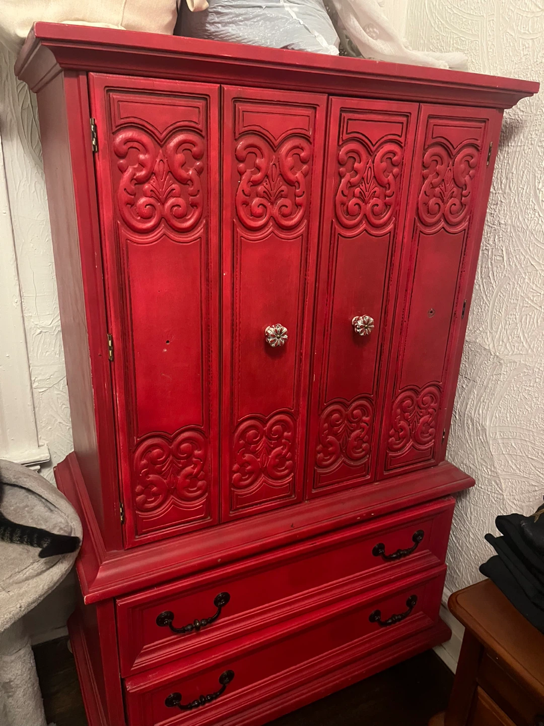 Red Painted Armoire & Dresser Combo