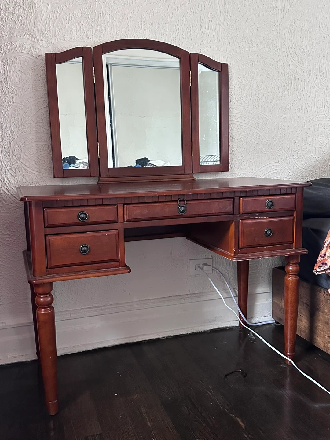 Vanity Desk with Tri-Fold Mirror - Brown Wood