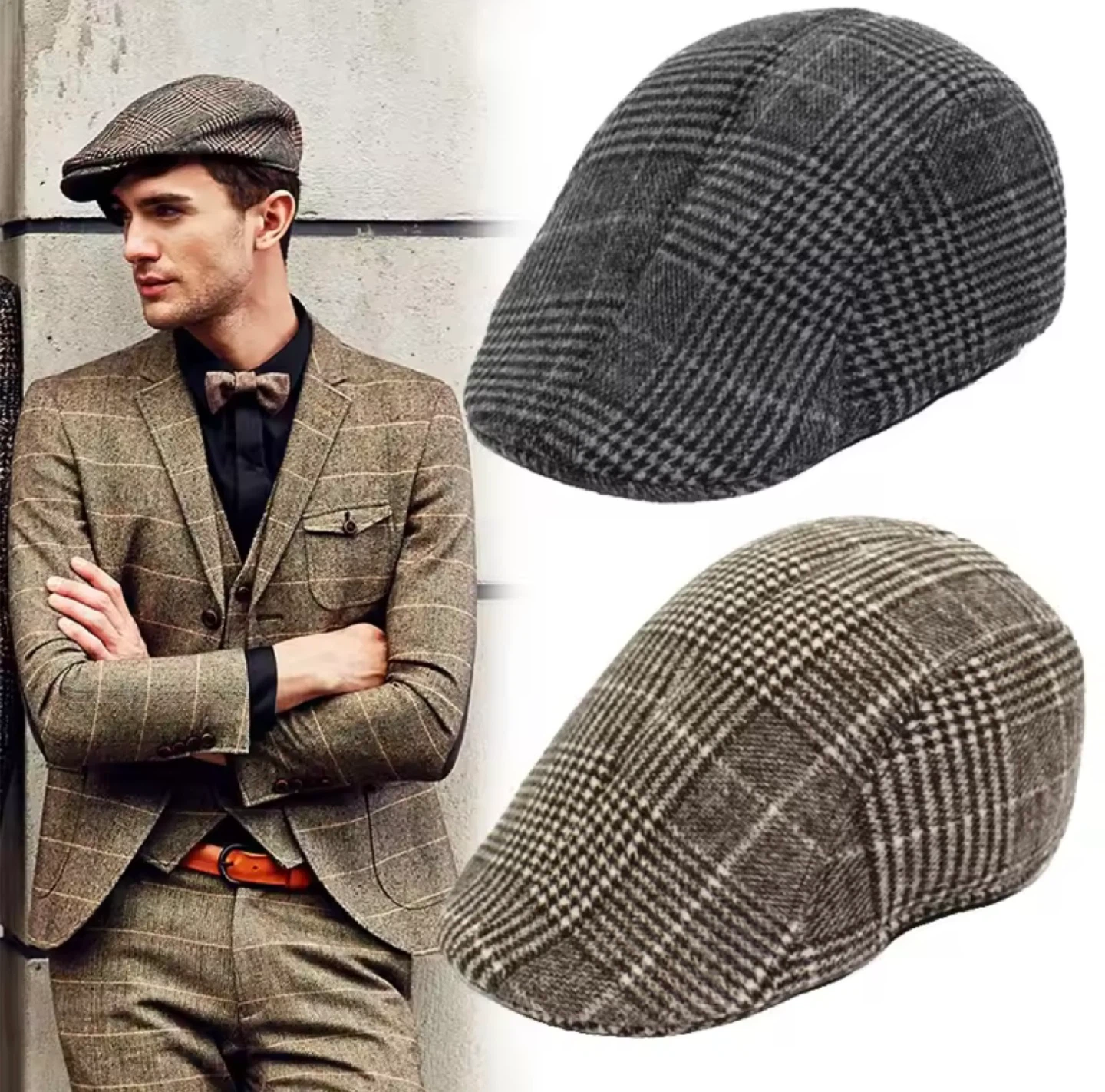 Plaid Flat Cap Retro Beret Hat- Dark Gray