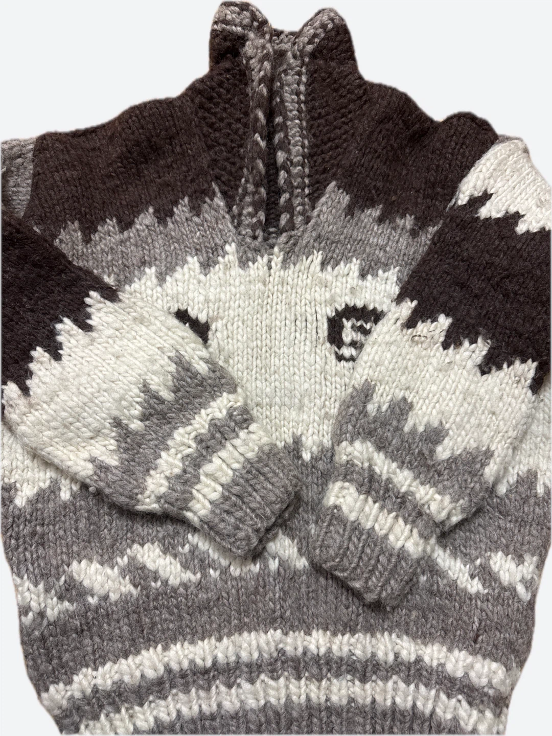 Hand Knit Wool Blend Sweater - Brown/Grey/White