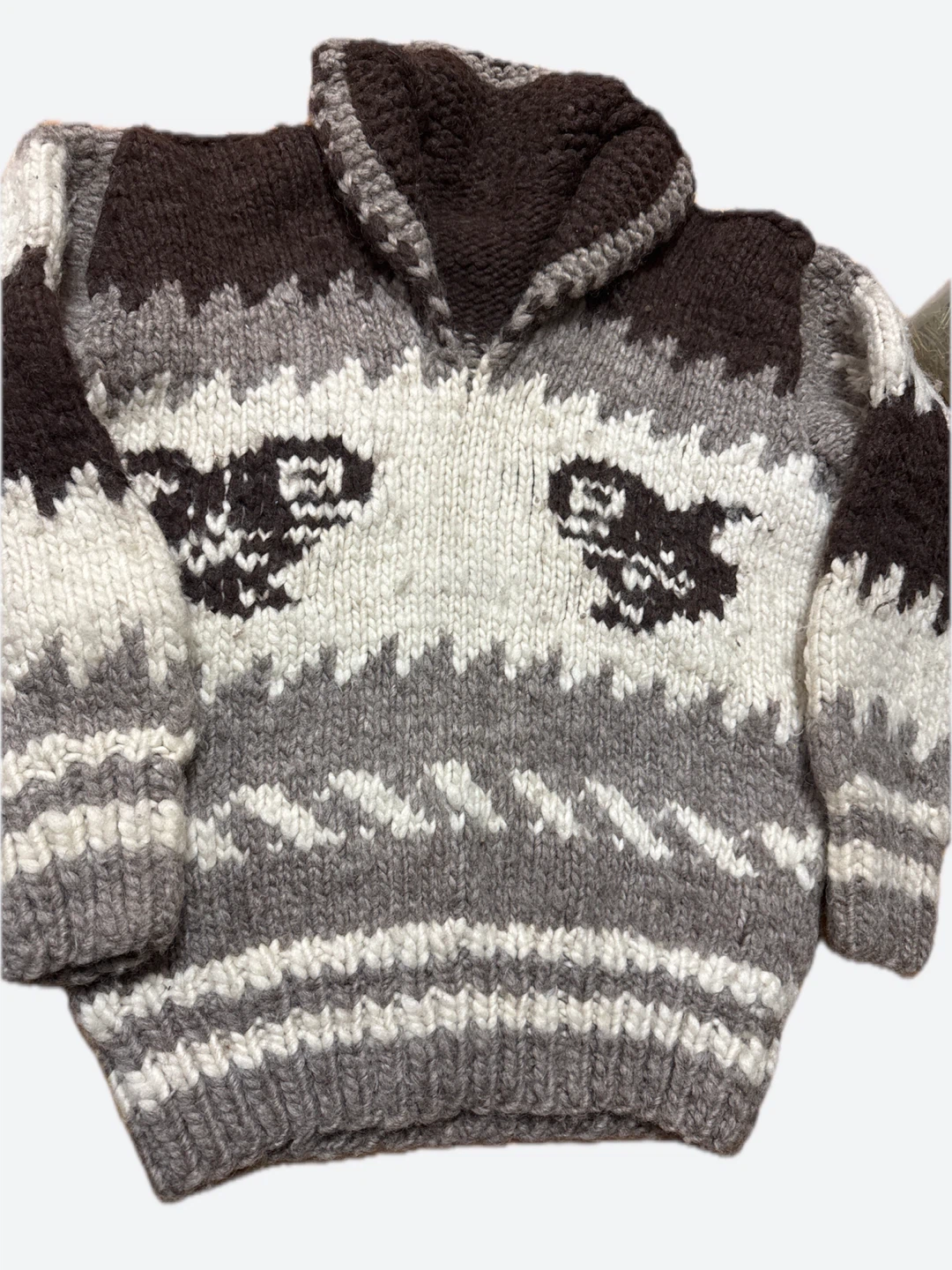 Hand Knit Wool Blend Sweater - Brown/Grey/White - photo 3