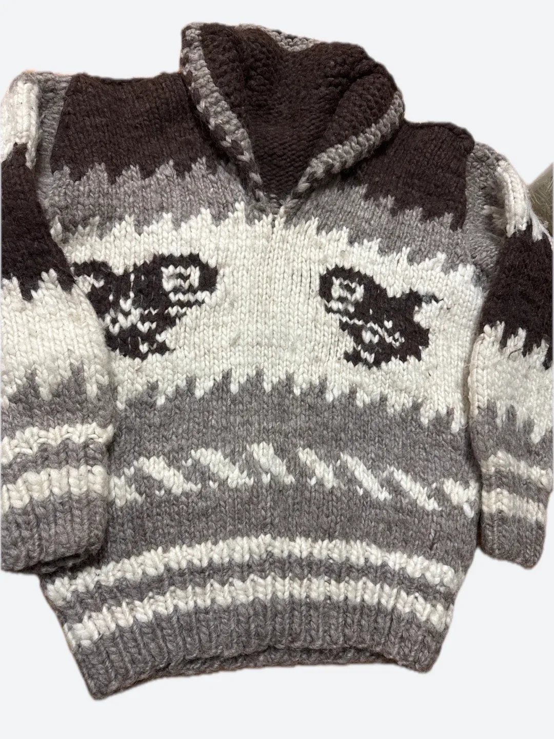 Hand Knit Wool Blend Sweater - Brown/Grey/White image indicator(3)