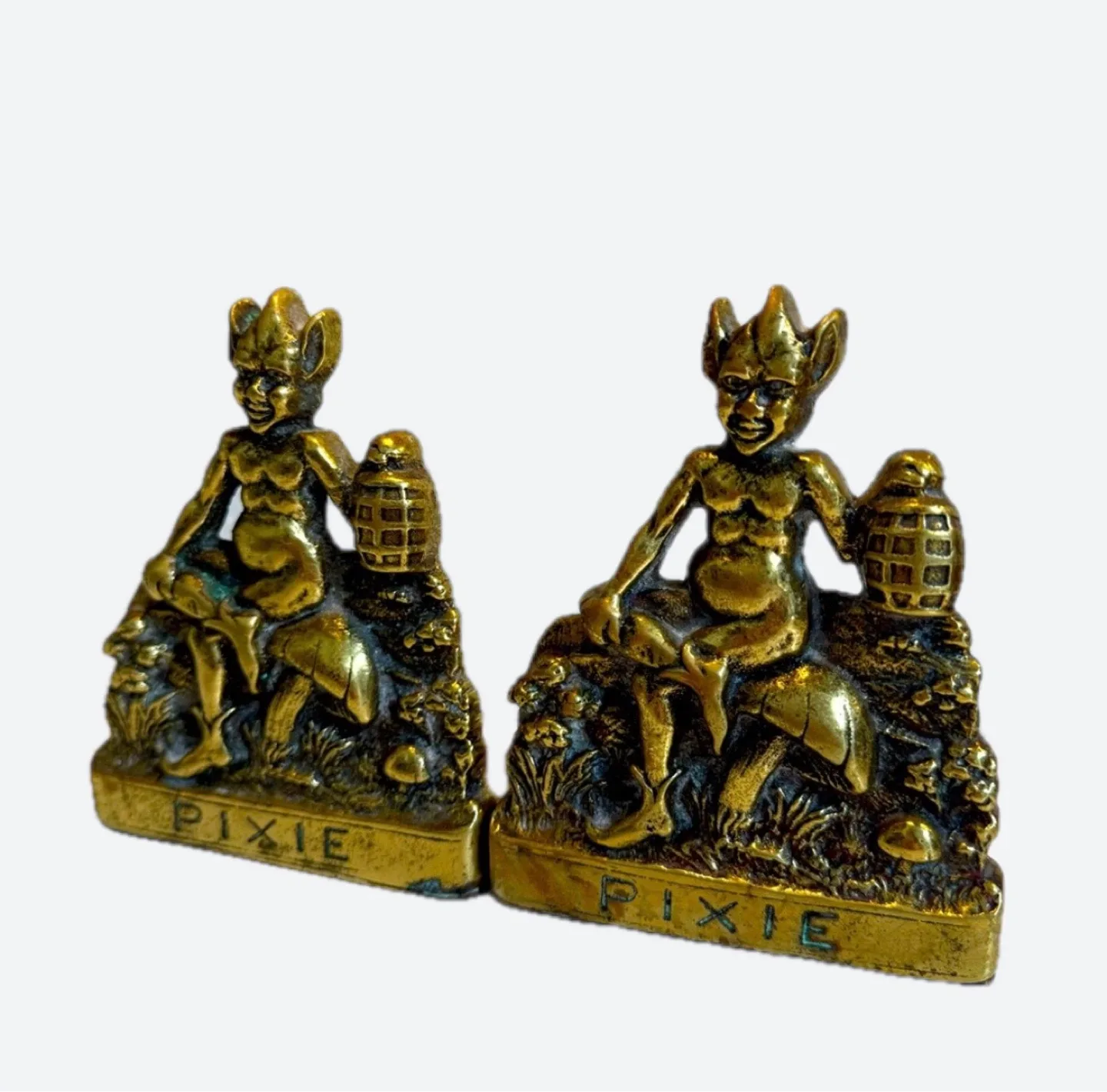 ANTIQUE SOLID BRONZE PIXIE ELF MUSHROOM GOTHIC STATUE BOOKENDS image indicator(5)