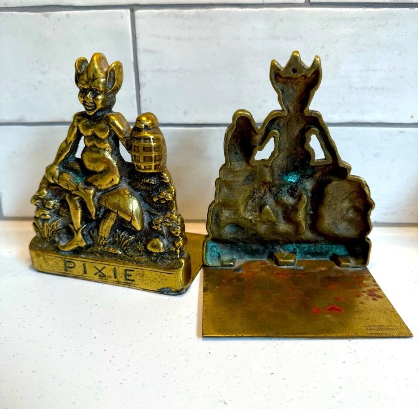ANTIQUE SOLID BRONZE PIXIE ELF MUSHROOM GOTHIC STATUE BOOKENDS image indicator(7)