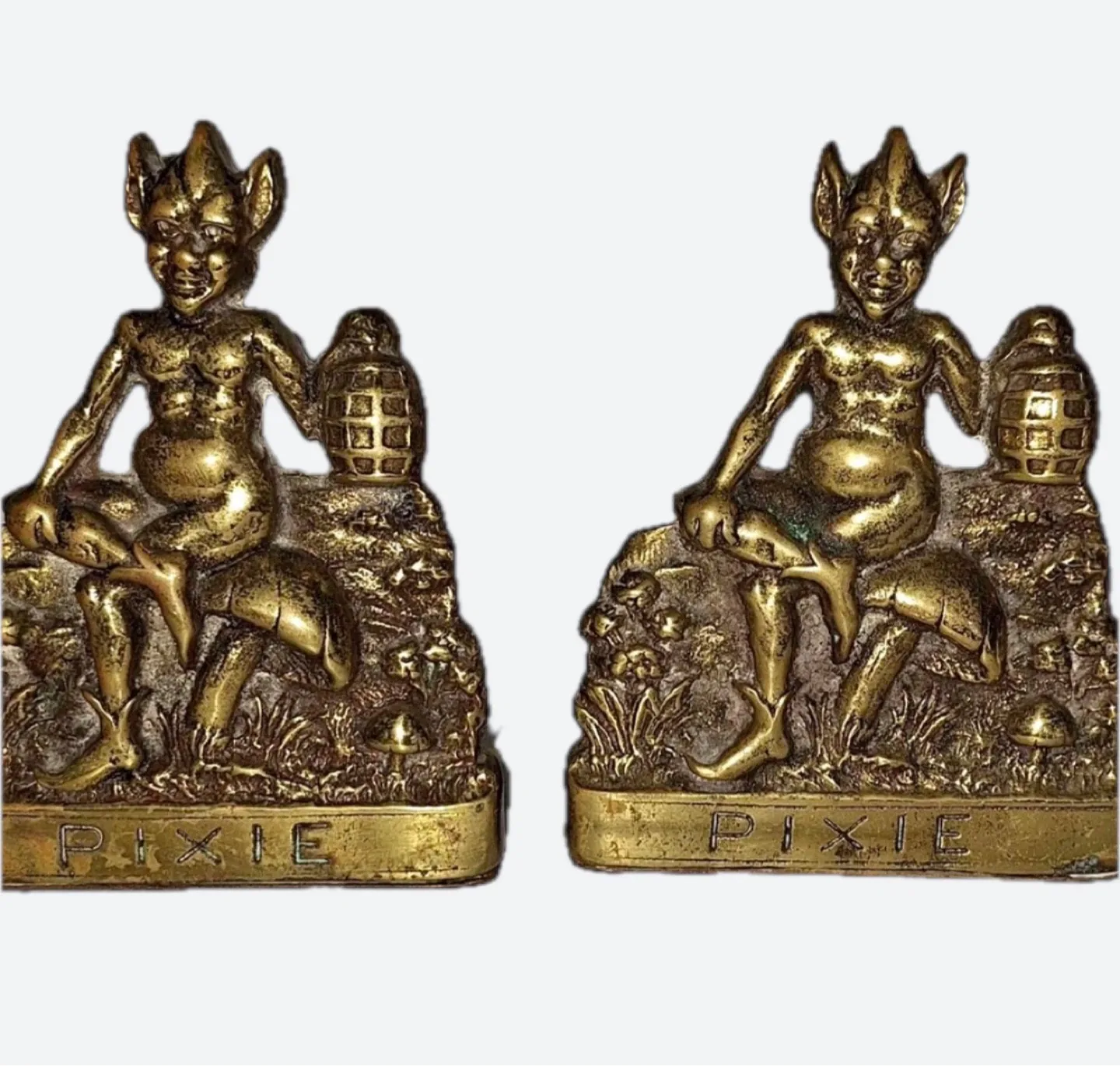 ANTIQUE SOLID BRONZE PIXIE ELF MUSHROOM GOTHIC STATUE BOOKENDS image indicator(4)