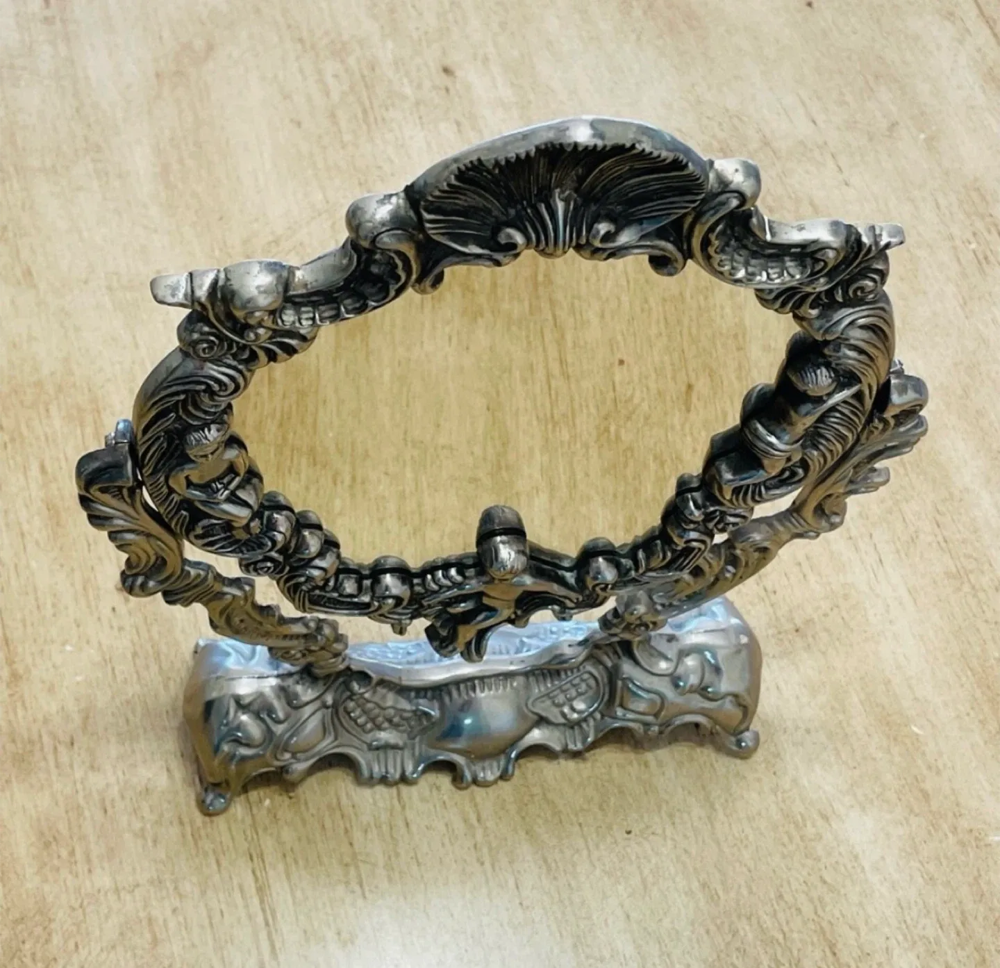 Vintage Silver Plated Ornate Vanity Swing Mirror Cherubs 12.5" image indicator(3)