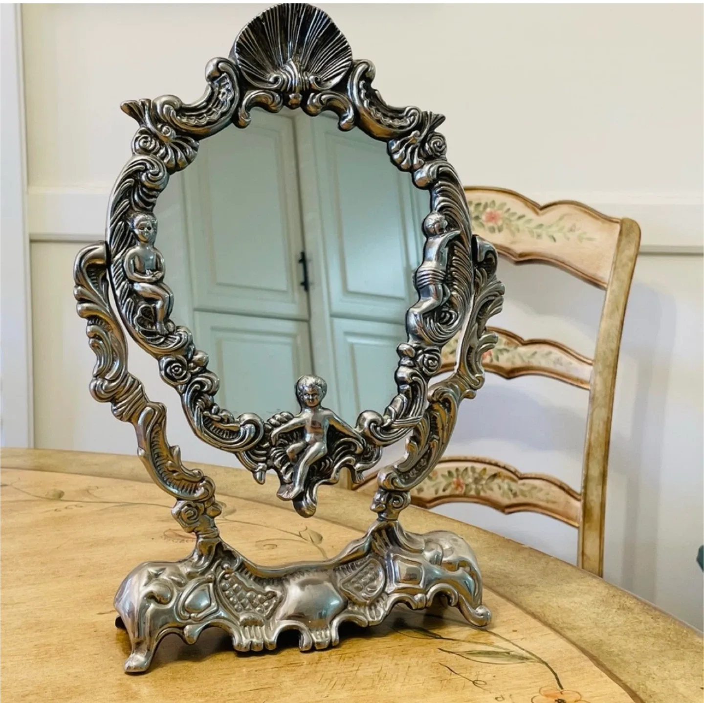 Vintage Silver Plated Ornate Vanity Swing Mirror Cherubs 12.5" image indicator(6)