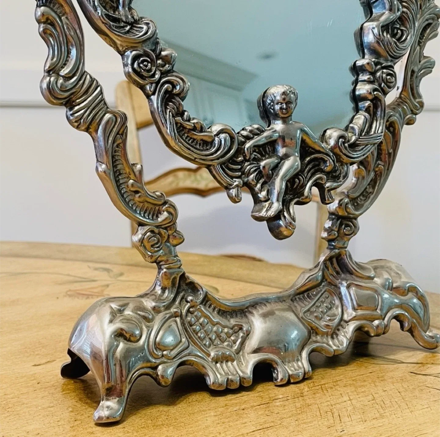 Vintage Silver Plated Ornate Vanity Swing Mirror Cherubs 12.5" image indicator(2)