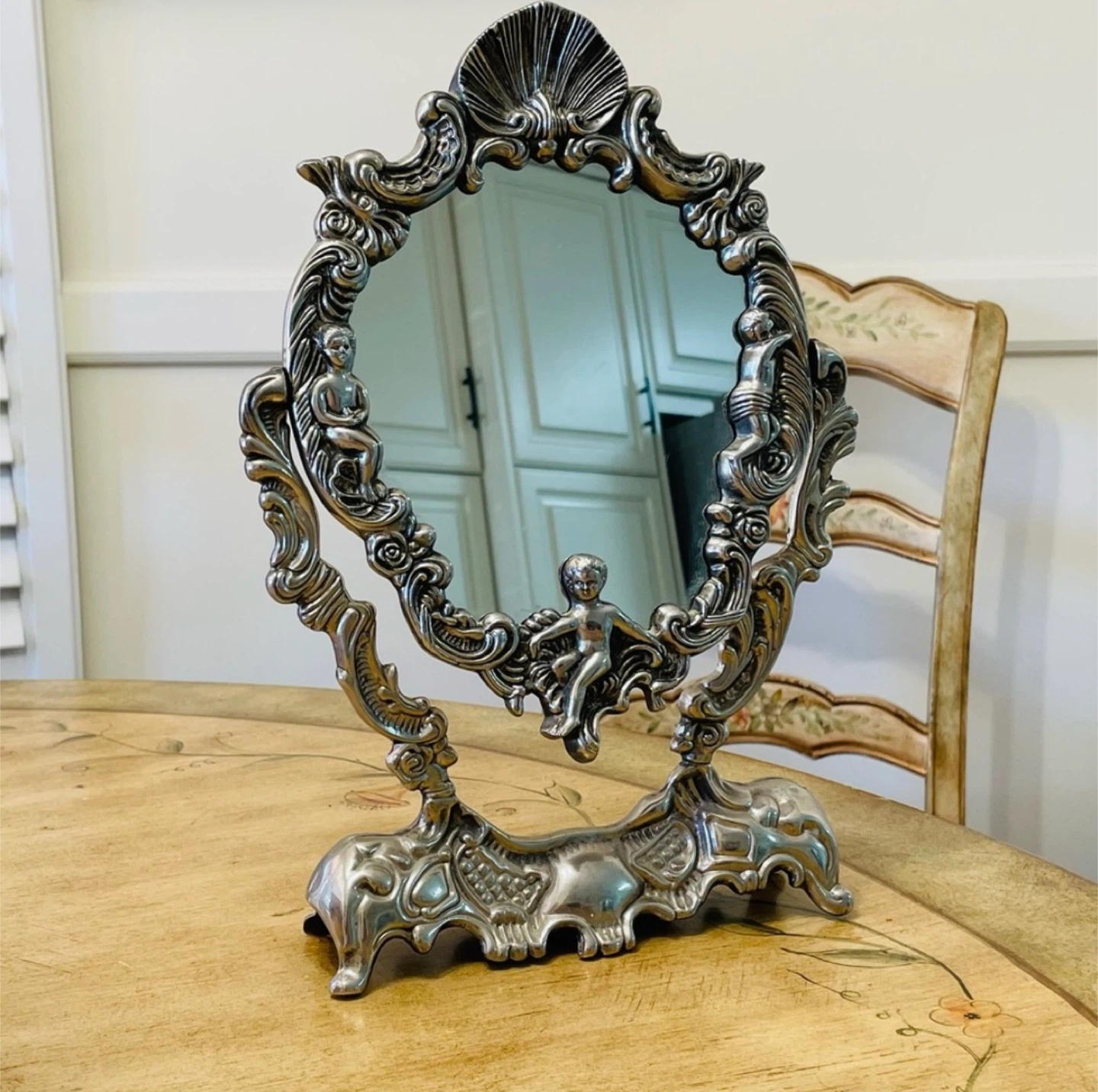 Vintage Silver Plated Ornate Vanity Swing Mirror Cherubs 12.5" - photo 2