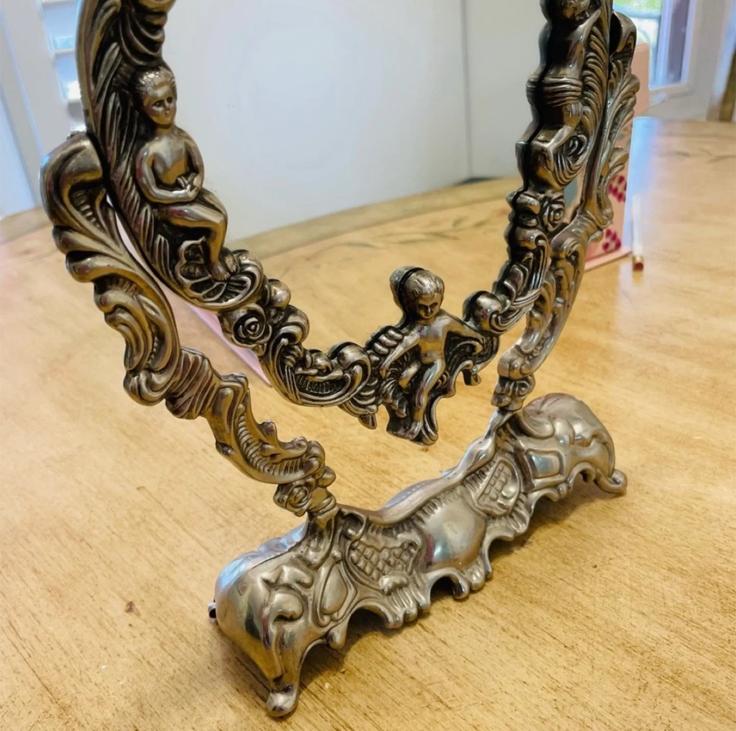 Vintage Silver Plated Ornate Vanity Swing Mirror Cherubs 12.5" image indicator(7)