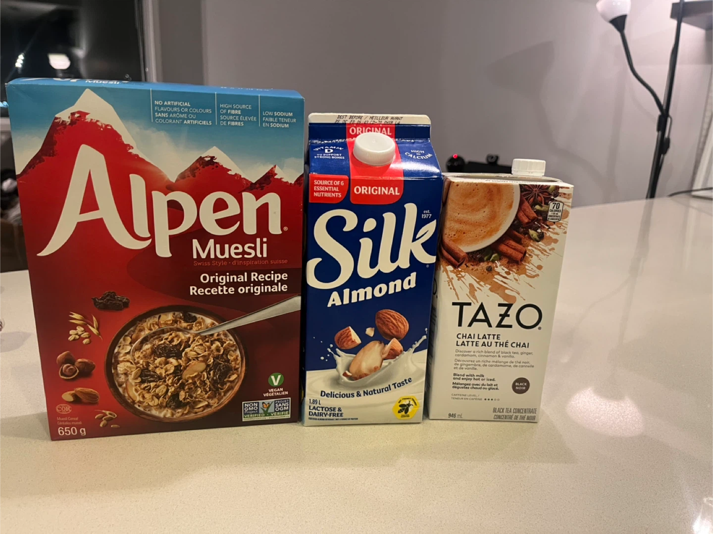 Alpen Muesli, Silk Almond Milk, Tazo Chai Latte