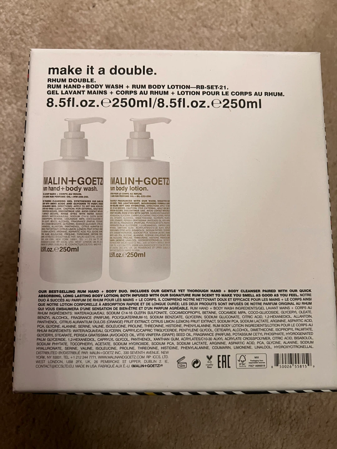 BRAND NEW MALIN+GOETZ Rum Hand + Body Wash & Lotion Set - photo 2