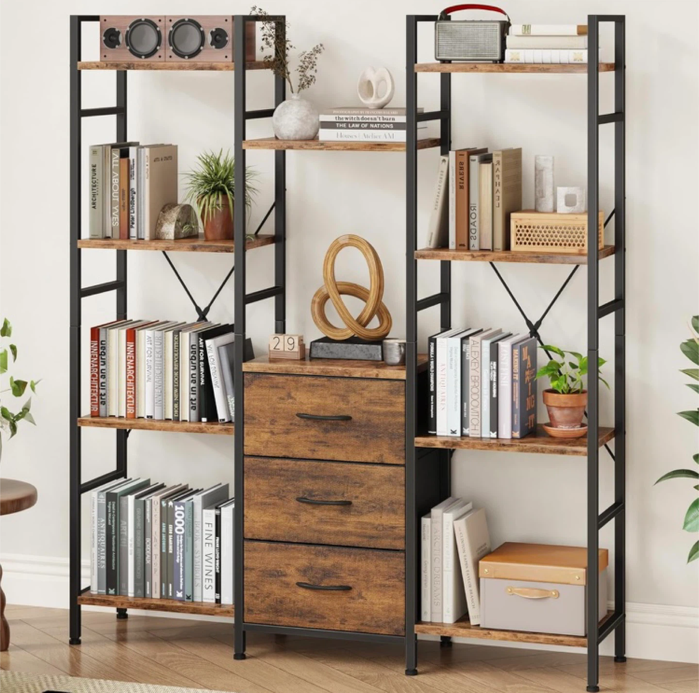 NEW 59” Rustic Brown Bookshelf with Fabric Drawers