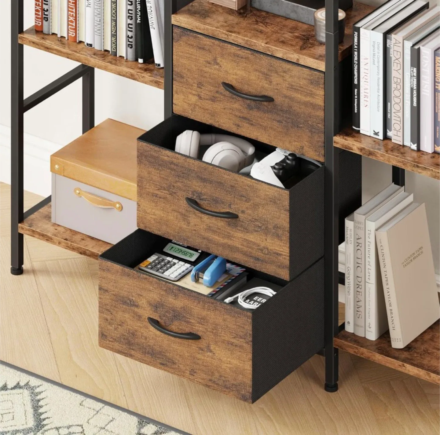 NEW 59” Rustic Brown Bookshelf with Fabric Drawers image indicator(3)