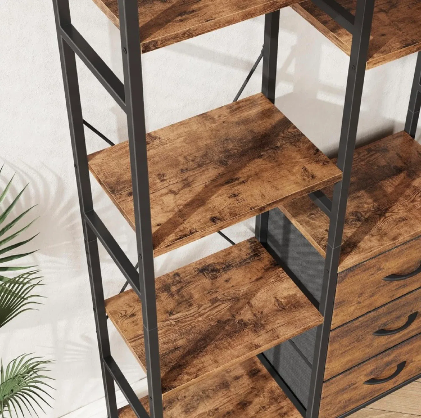 NEW 59” Rustic Brown Bookshelf with Fabric Drawers image indicator(5)