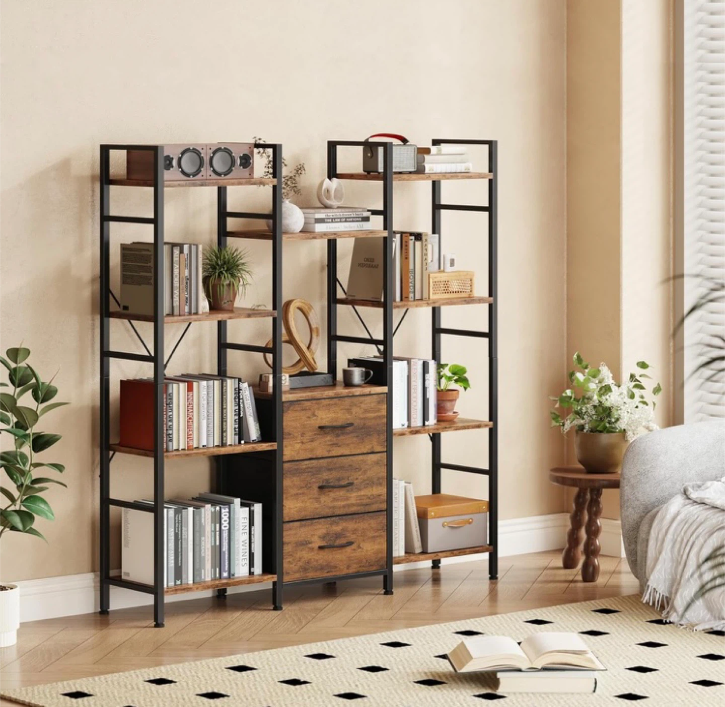 NEW 59” Rustic Brown Bookshelf with Fabric Drawers - photo 2