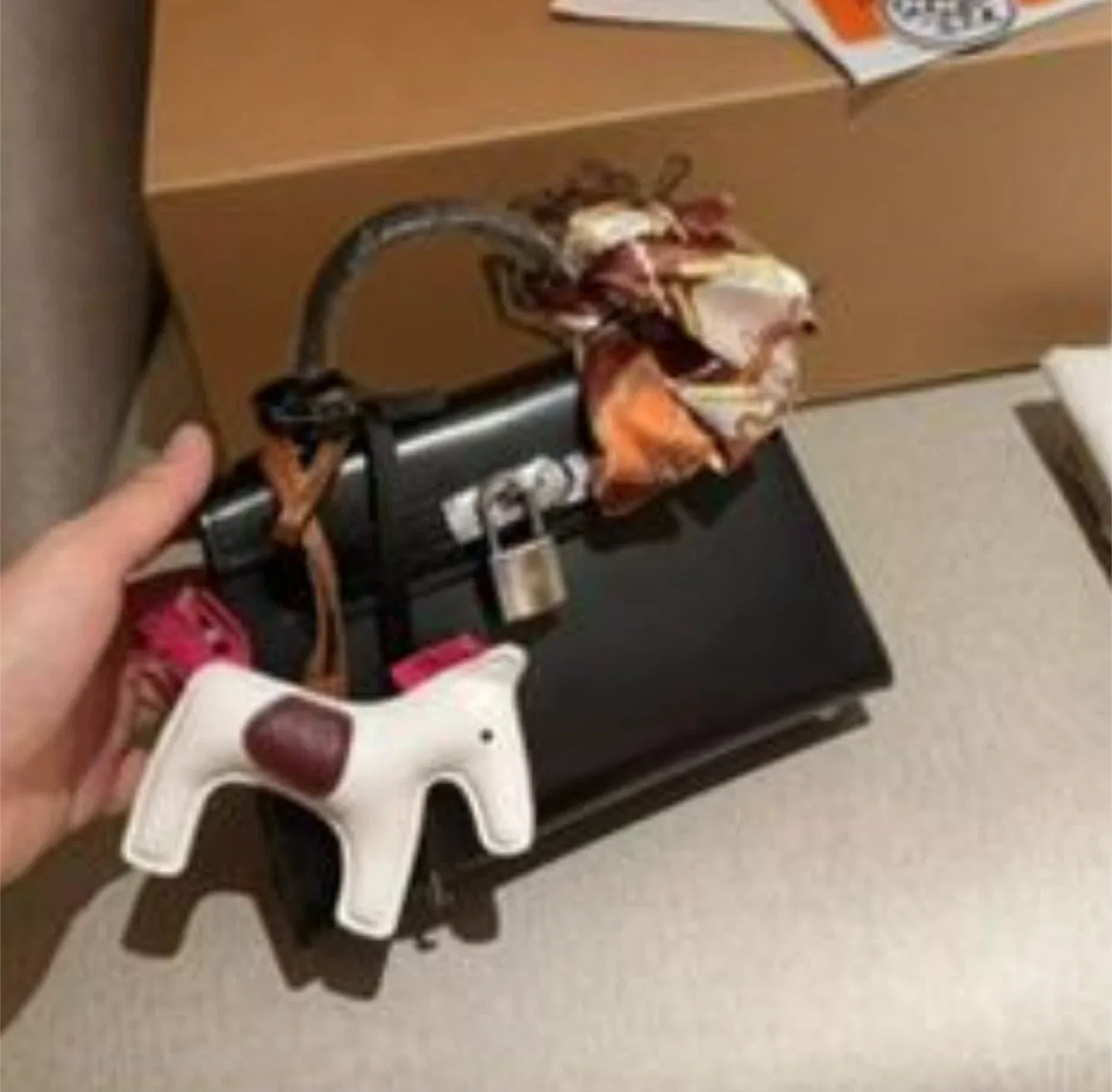 Inspired Hermès Black Leather Handbag with Horse Charm thumbnail