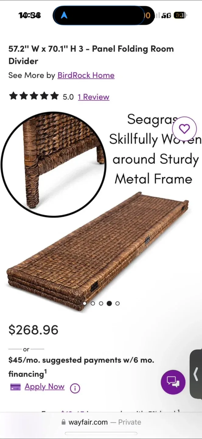 BIRDROCK HOME 3 Panel Seagrass Room Divider image indicator(6)