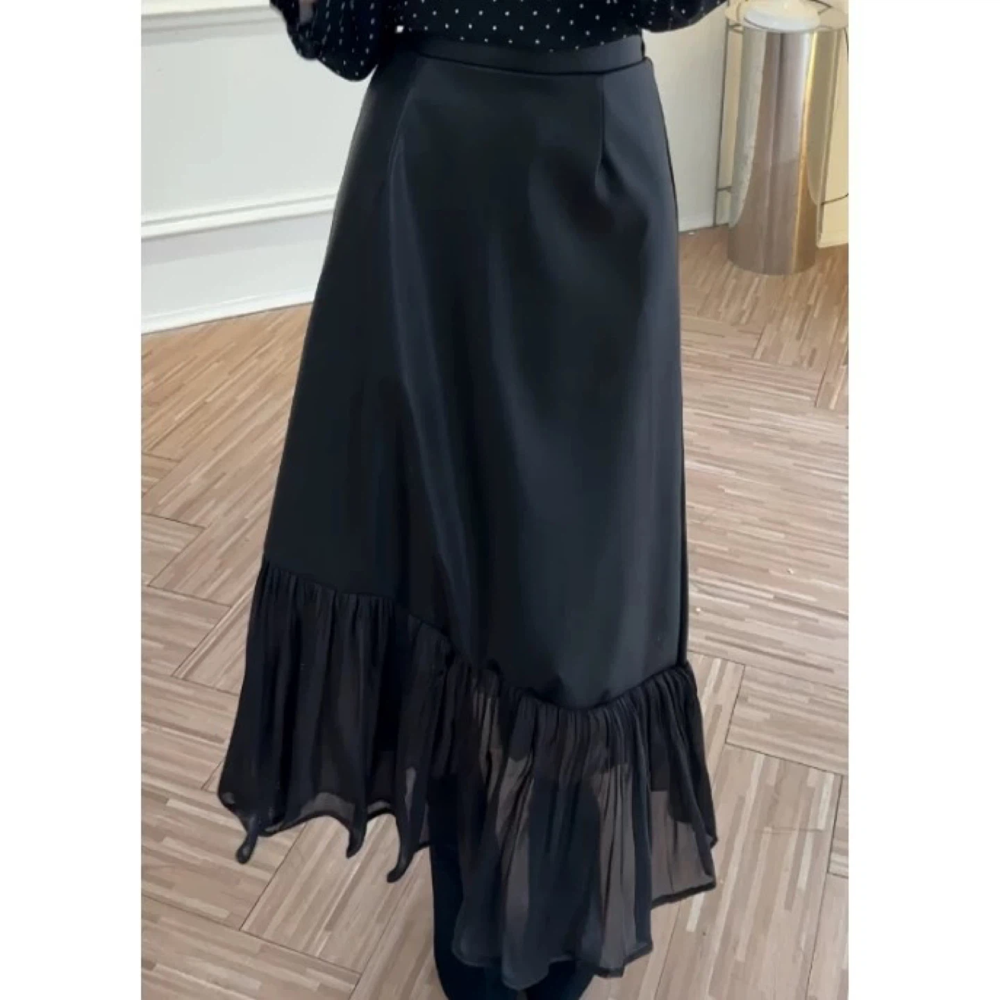 Unique Black Faux Leather Ruffle Hem Midi Skirt
