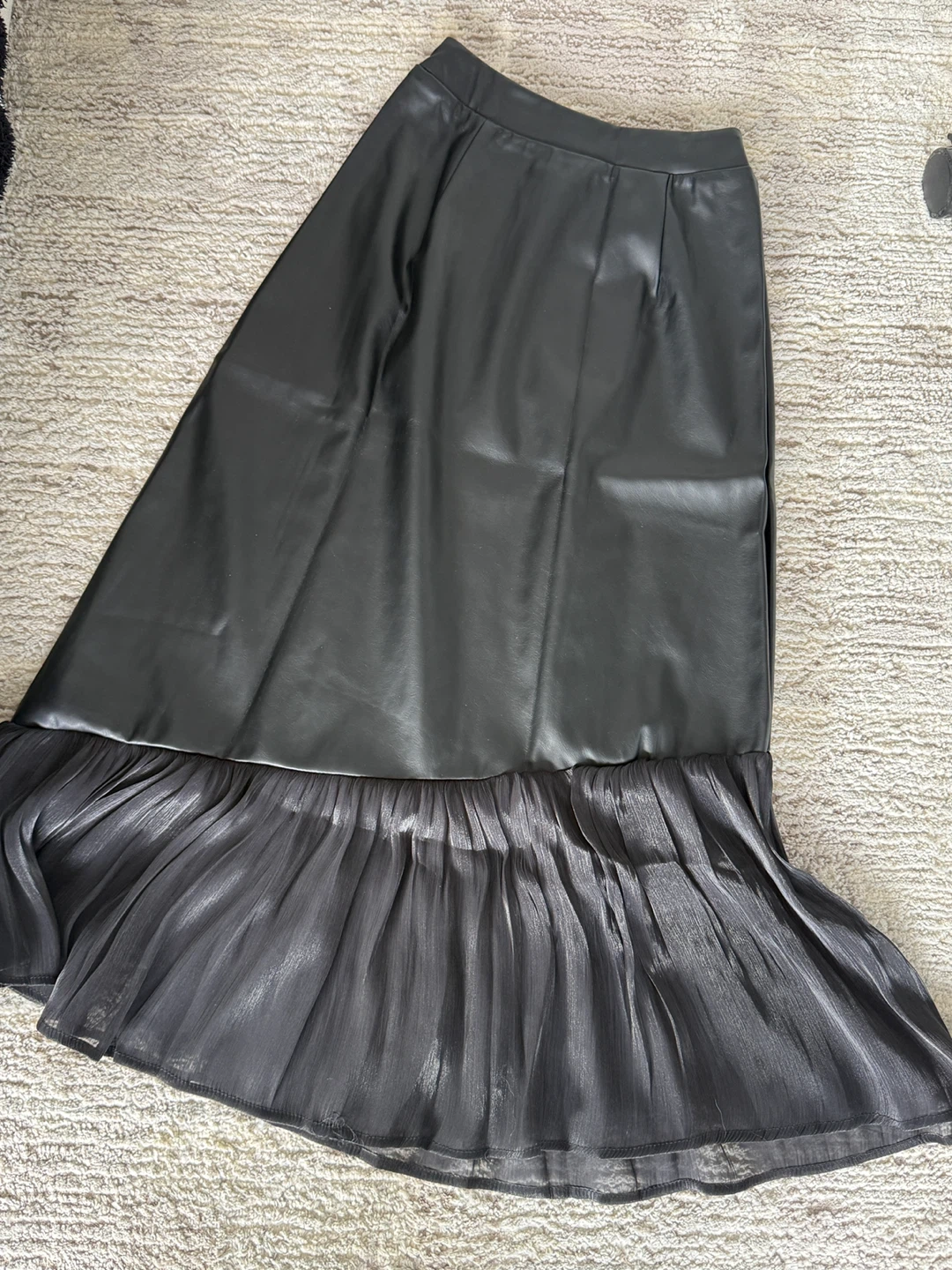 Unique Black Faux Leather Ruffle Hem Midi Skirt - photo 4