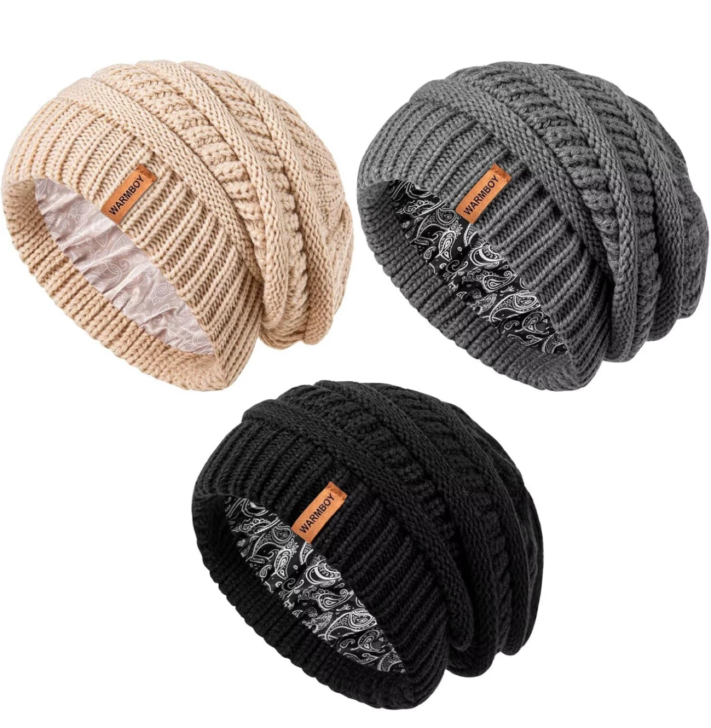 3 Pack Satin Lined Winter Beanie Hats
