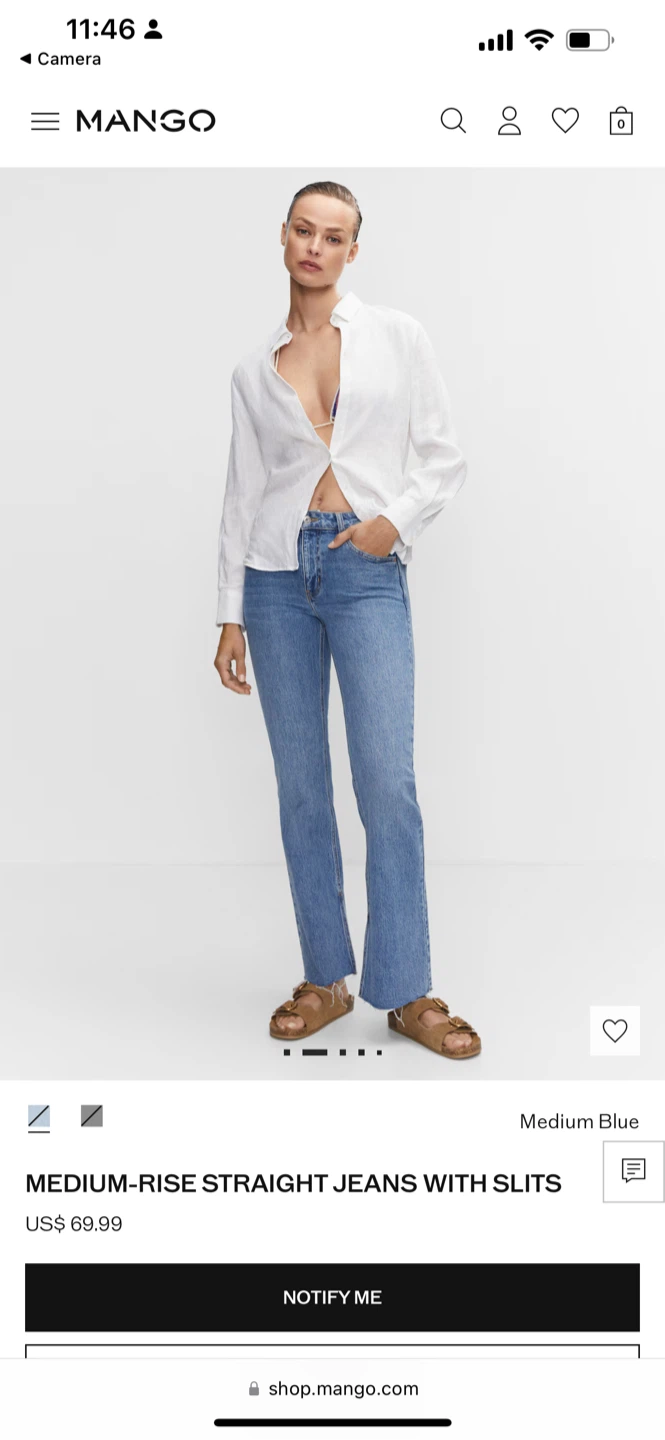 Mango Medium-Rise Straight Jeans with Slits - Size 40