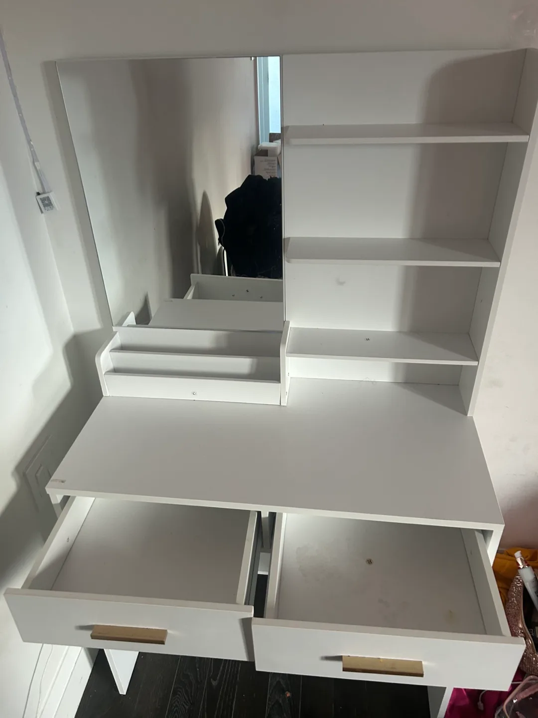 White Vanity Makeup Desk with Mirror & Shelves image indicator(4)