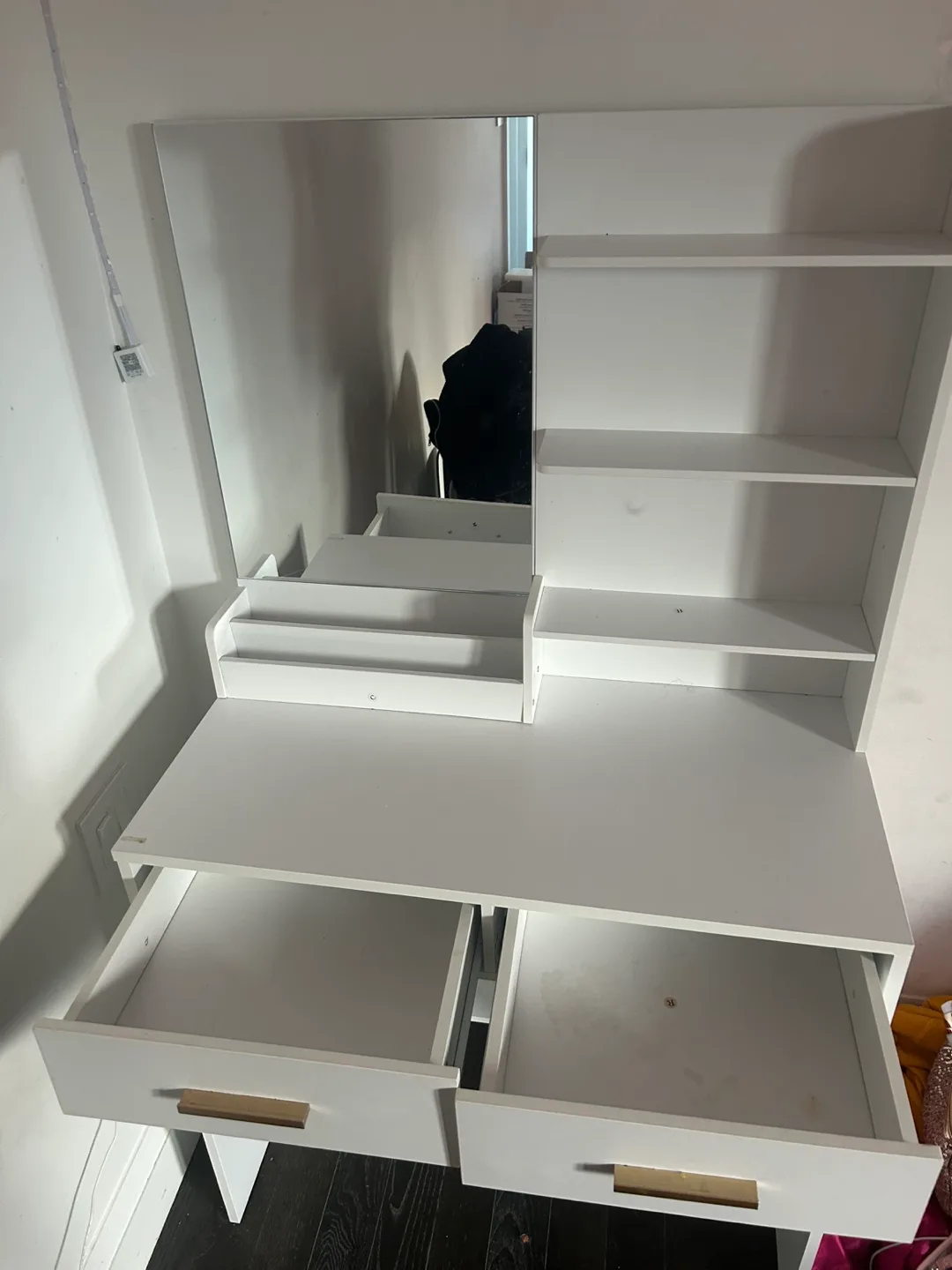 White Vanity Makeup Desk with Mirror & Shelves image indicator(3)