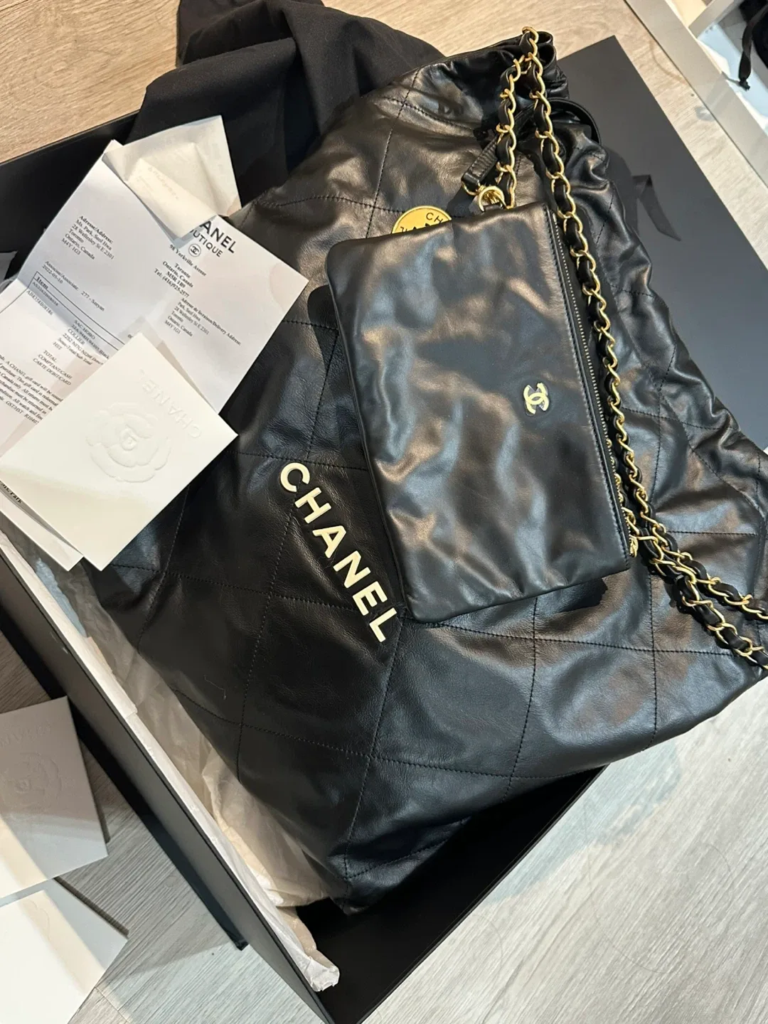 Chanel 22 Black Leather Bag & Top Size 36 image indicator(2)