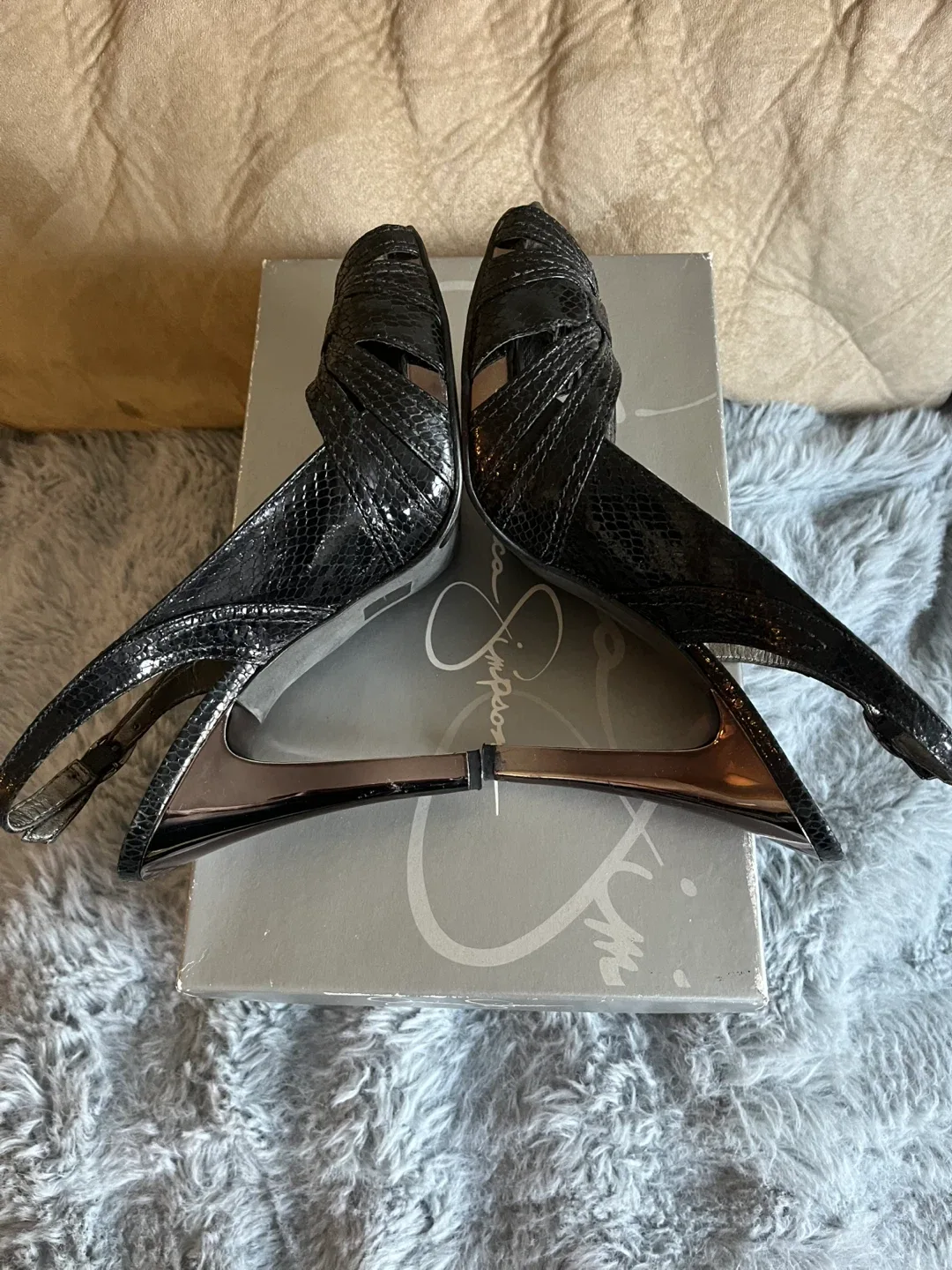 Jessica Simpson Reese Black Patent Snake Heels - Size 8.5