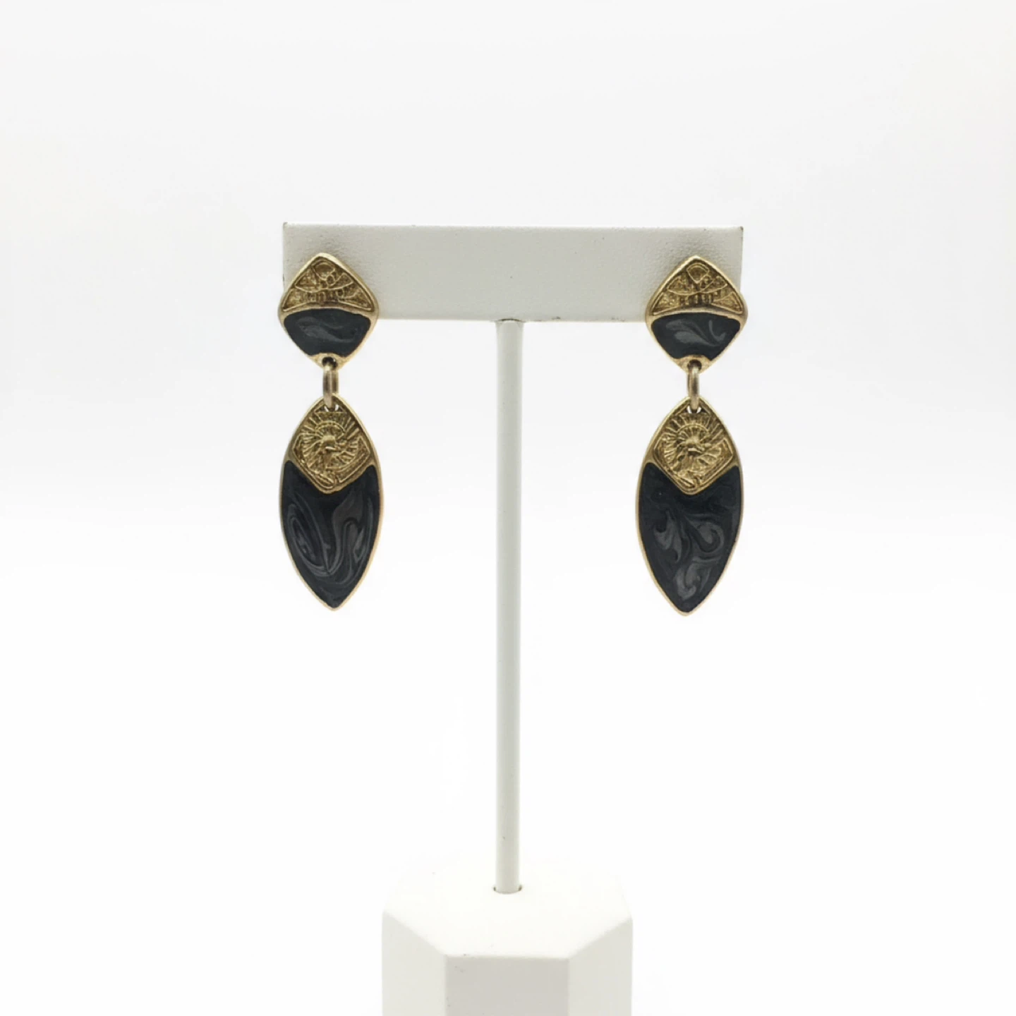 Vintage Gold Tone & Grey Gray Black Marbled Drop Earrings