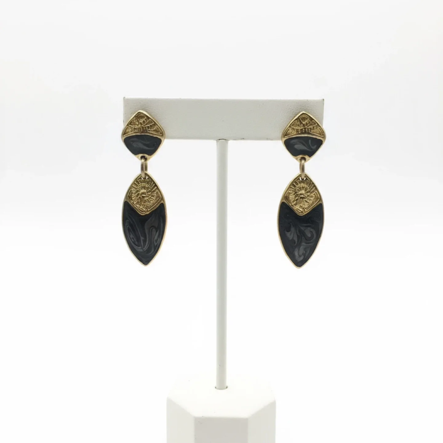 Vintage Gold Tone & Grey Gray Black Marbled Drop Earrings thumbnail