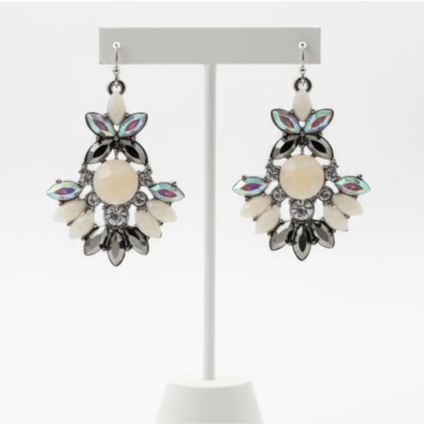 Elegant Dangle Earrings with White and Grey Crystals (Fish Hook)