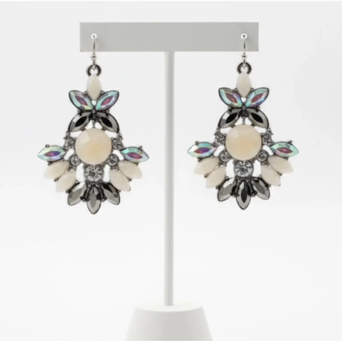 Elegant Dangle Earrings with White and Grey Crystals (Fish Hook) thumbnail