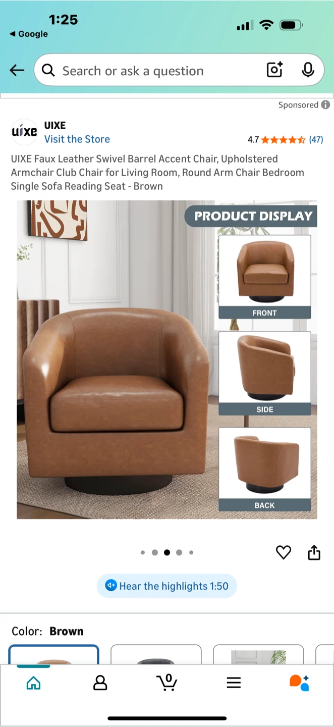 UIXE Faux Leather Swivel Barrel Accent Chair - Brown - photo 5
