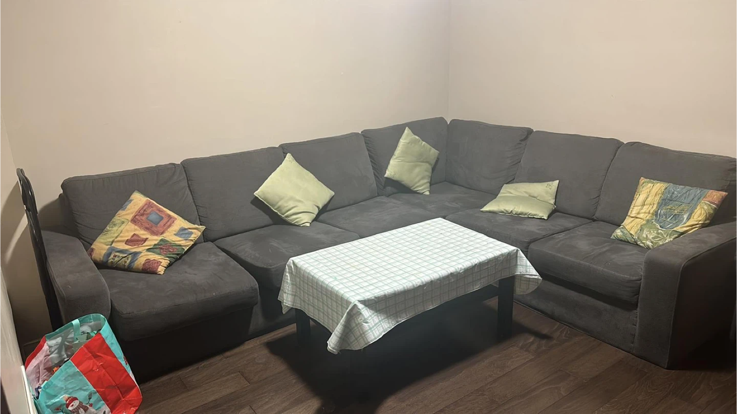 Dark Brown TV Stand & Grey Sectional Couch