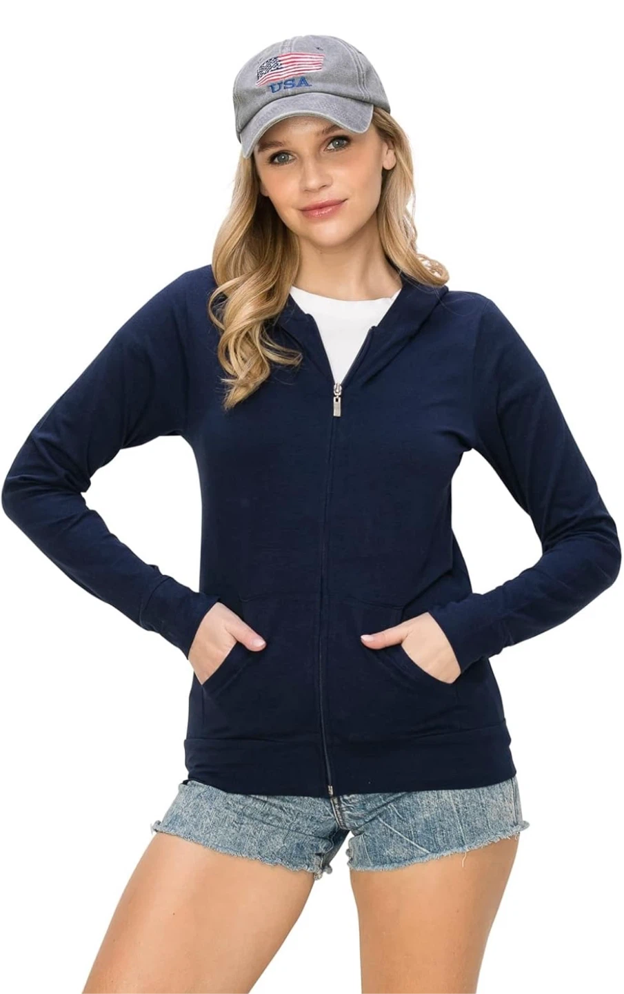 NEW! LALAPARKS Navy Lightweight Cotton Zip-Up Hoodie Jacket