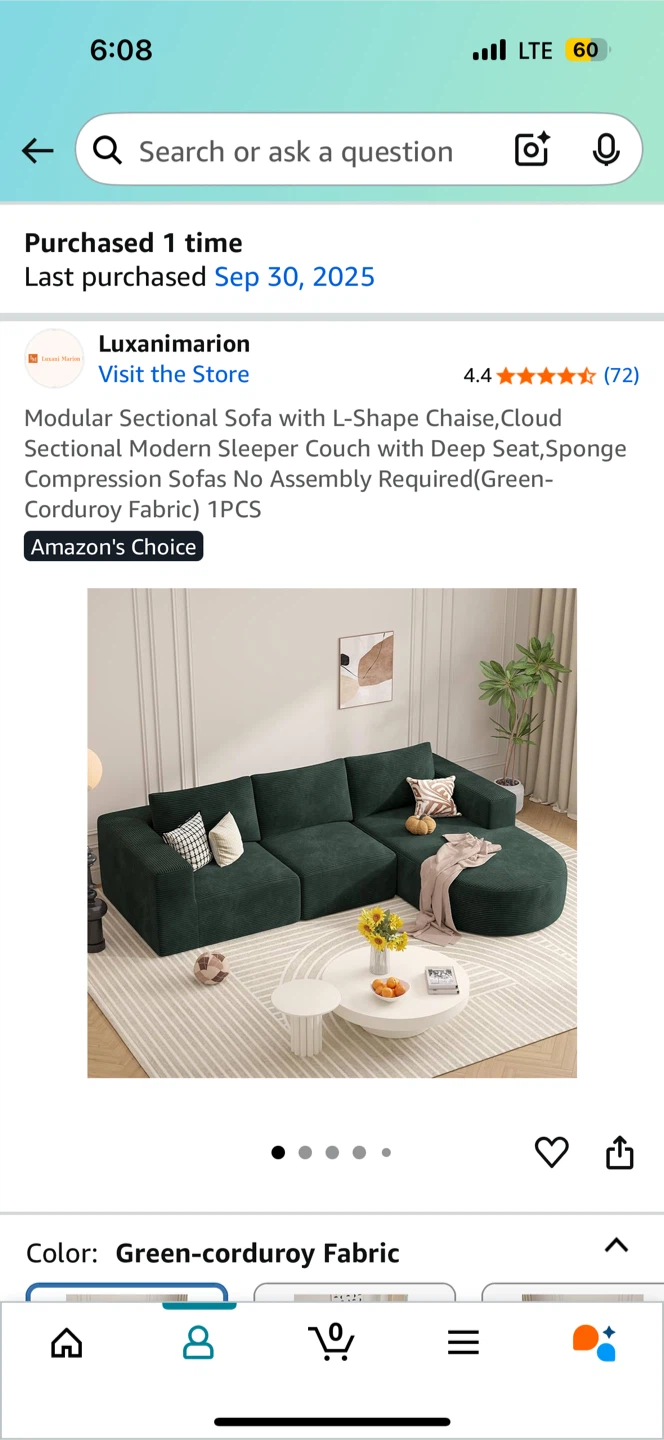 Green Corduroy Fabric Boneless Sectional Couch