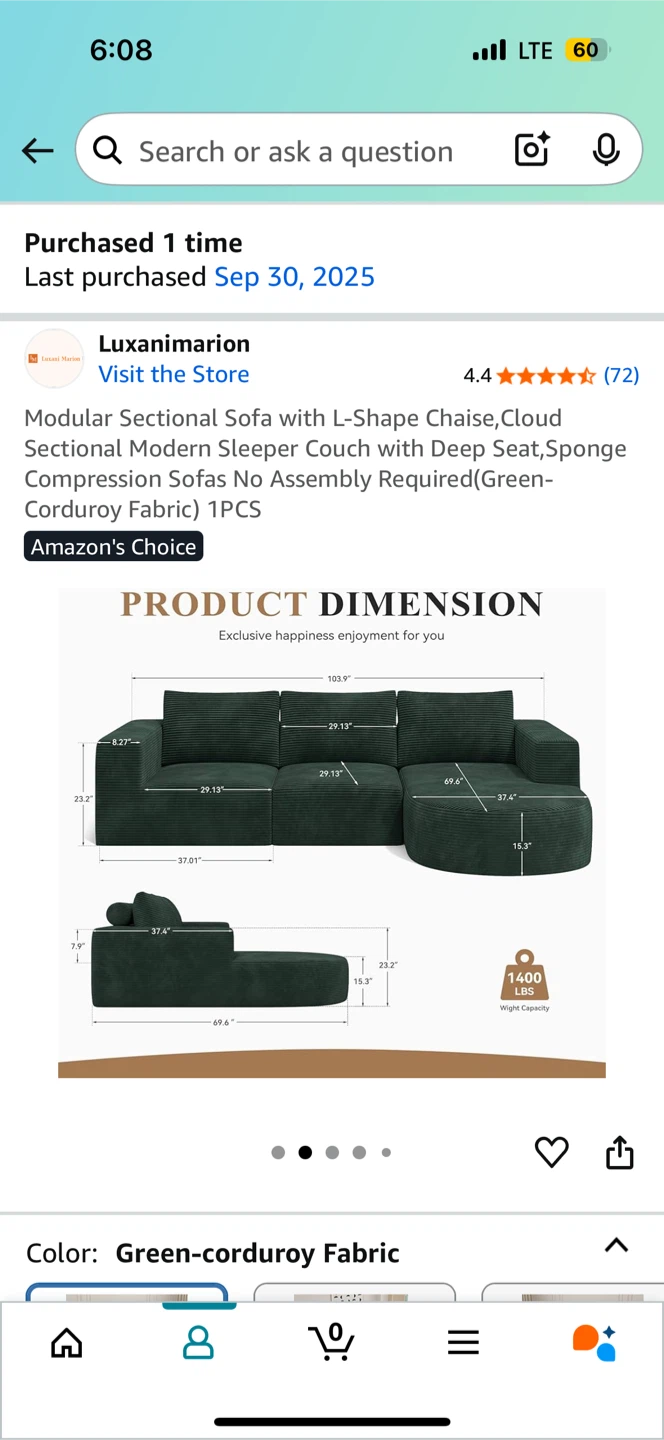 Green Corduroy Fabric Boneless Sectional Couch - photo 2