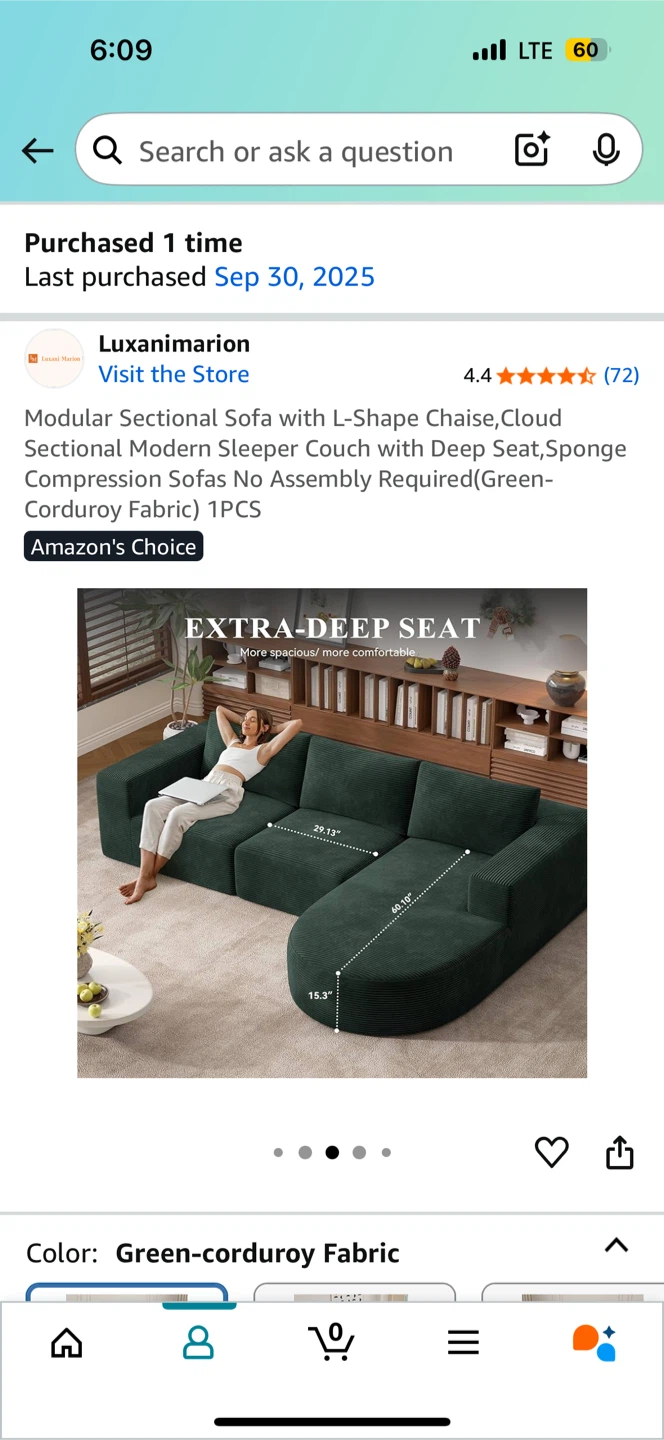 Green Corduroy Fabric Boneless Sectional Couch - photo 5