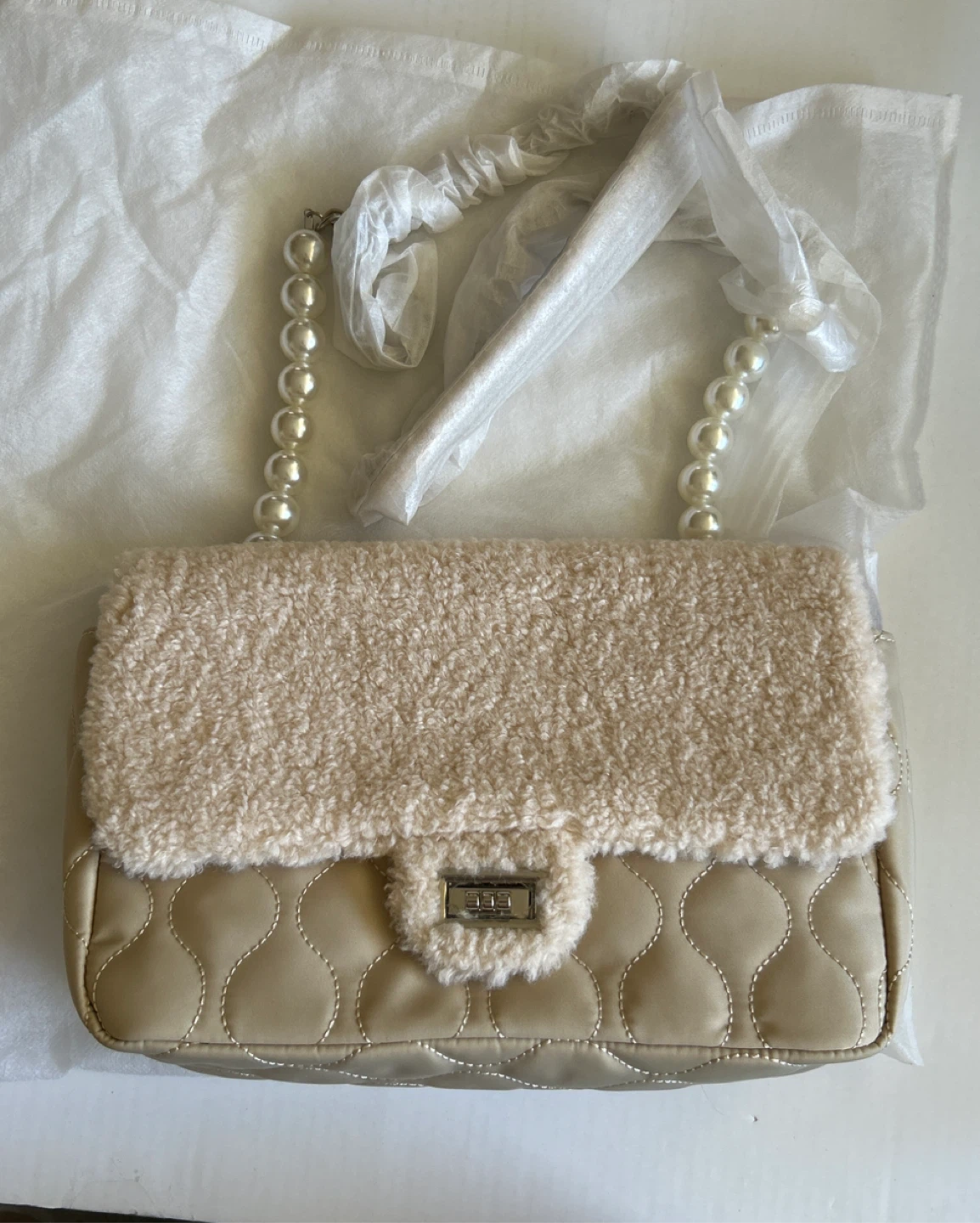 Beige Quilted & Faux Fur Shoulder Bag - Brand New