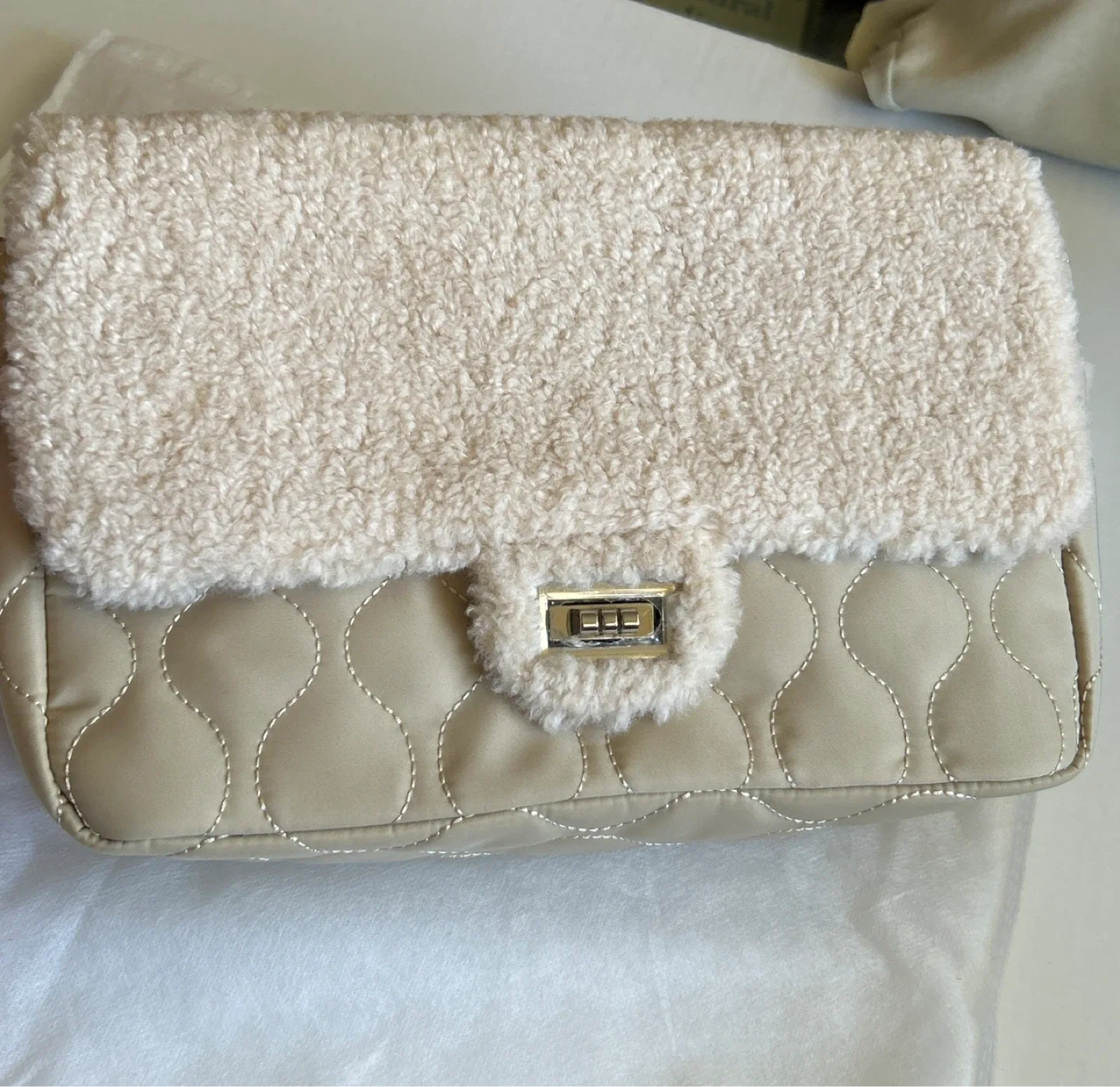 Beige Quilted & Faux Fur Shoulder Bag - Brand New image indicator(2)